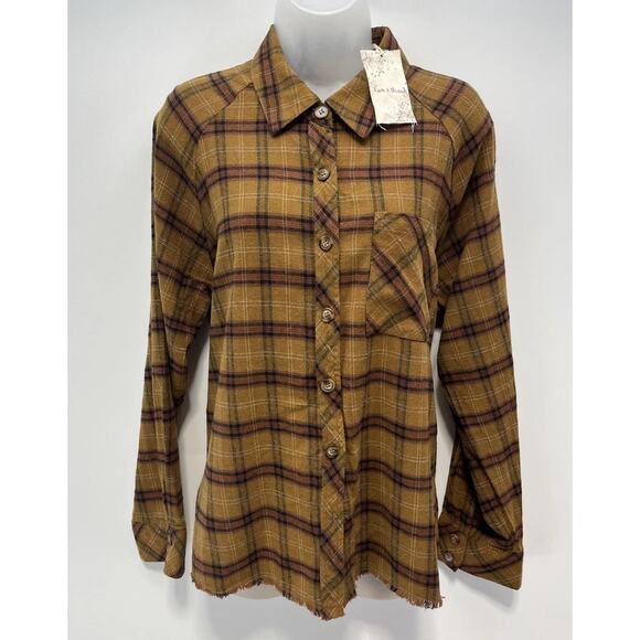 Hem & Thread Brown & Red Plaid Long Sleeve Button Up Raw Hem Size M - Picture 1 of 8